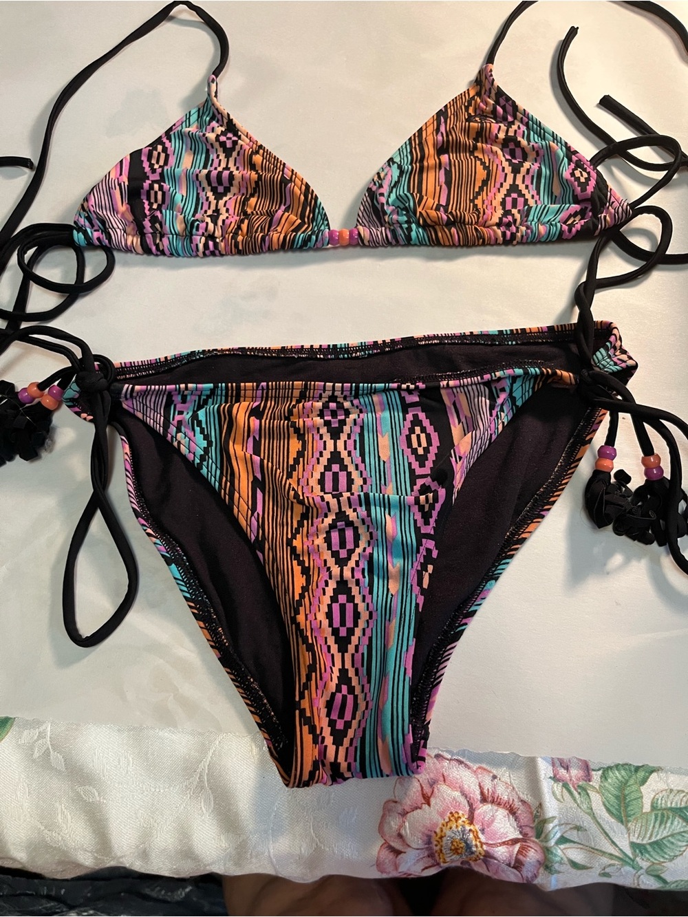 Striped Aztec Print String Bikini - Black with Turquoise, Orange & Pink